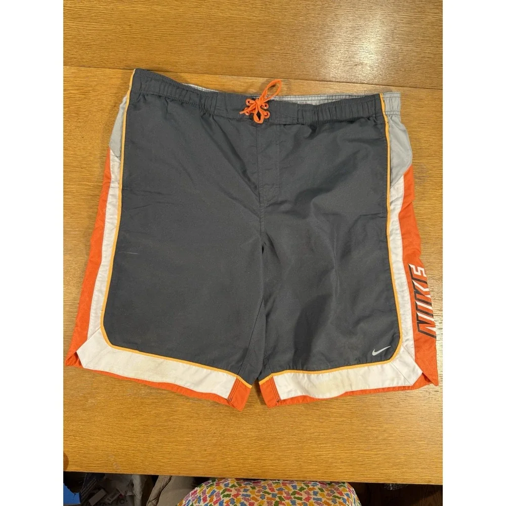 Nike Swim Trunks Men's Large Gray Orange Mesh Lined Board Shorts‎ Drawstring